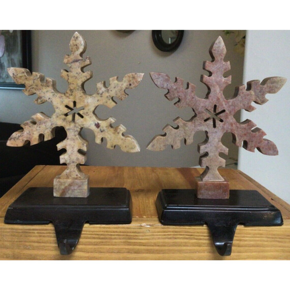 2 Christmas Snowflake Stocking Holders Hangers Faux Marble Metal Base ~851A - Picture 1 of 7